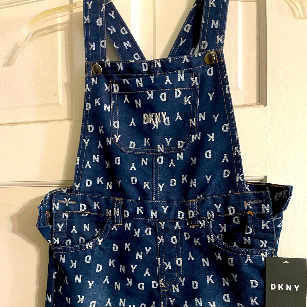 DKNY navy denim overall shorts